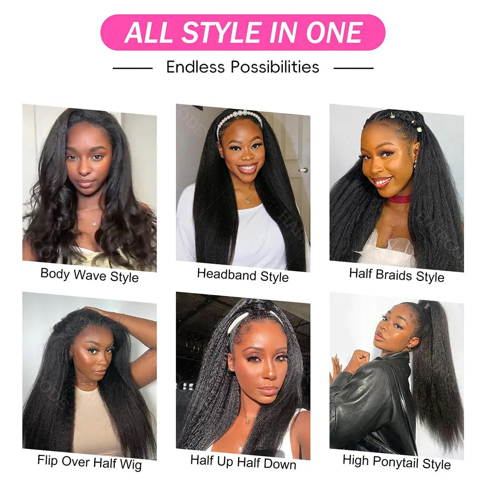 250% Density Kinky Straight Drawstring Half Wig Human Hair No Lace Wig Invisible Hairline 3 IN 1 Flip Over Clip In 3/4 Wig