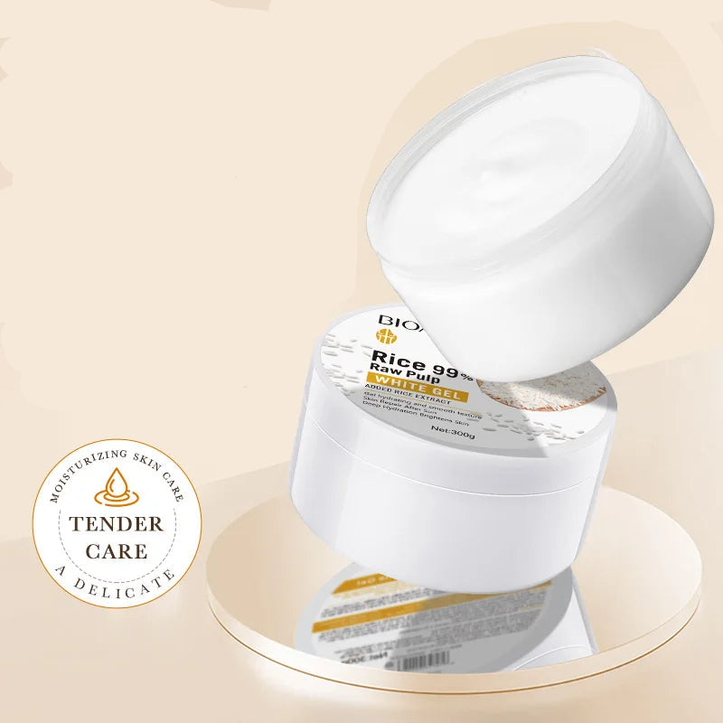 White container with rice paper on a beige background, featuring text about tender care.