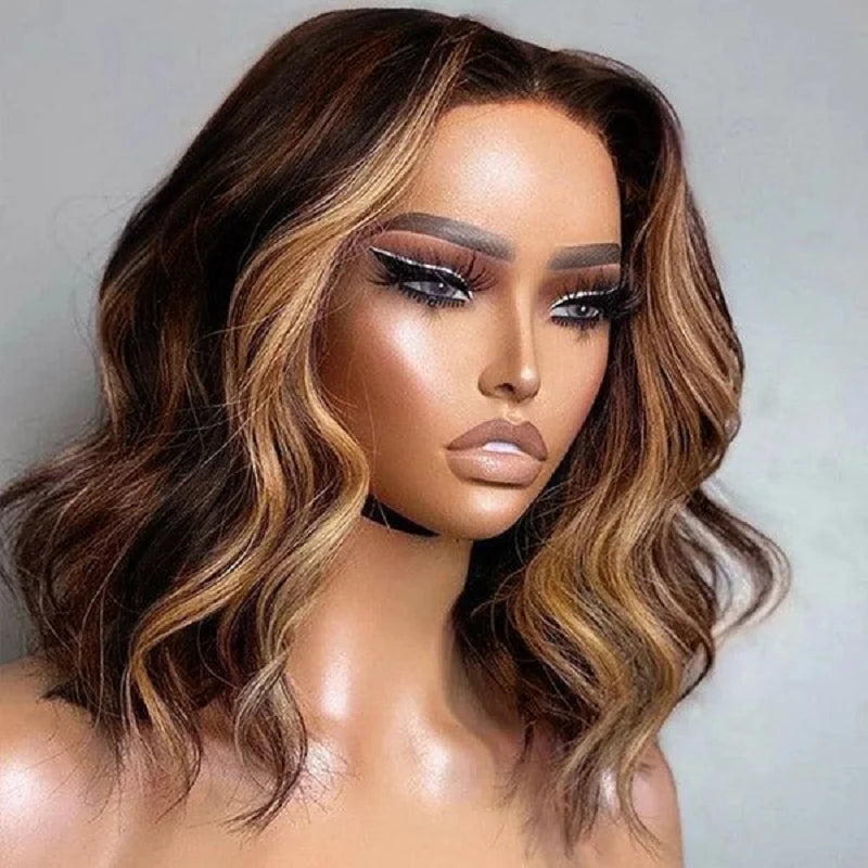4×4 Short Bob 200 Density Highlight Body Wave HD Transparent Lace Brazilian Virgin Hair  Front Wig Human Hair Wigs glueless wigs