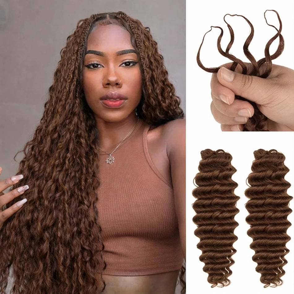 Deep Wave Crochet Human Hair Feather-Line Invisible Knotless Crochet Human Hair For Women #4 Chocolate Brown Braiding Hair 60G