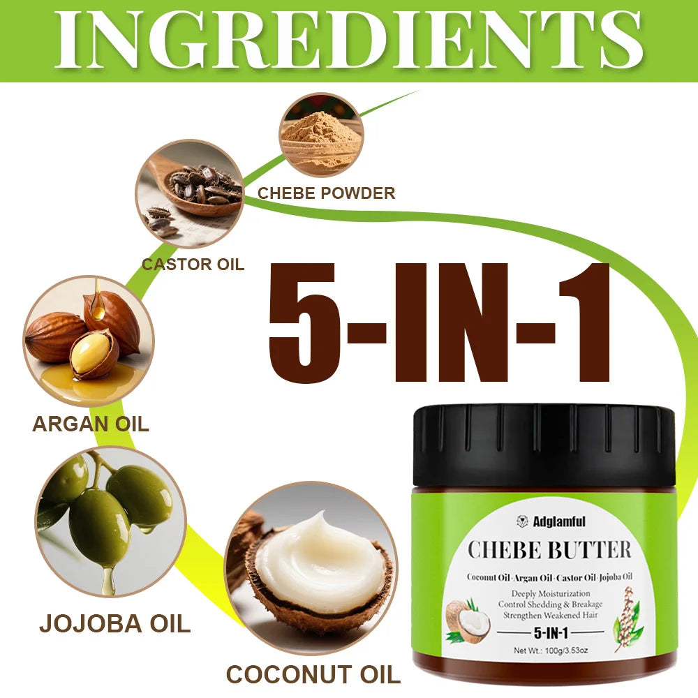 Chebe Butter 100g 5-in-1 Hair Oil with Coconut, Argan & Castor Oils – Deep Hydration, Frizz Control & Strength