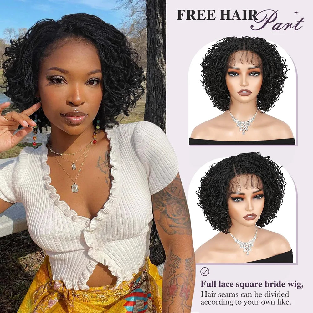 Short Curly Braids Bob Wig For Black Women Double Full Lace Front Curly Micro Box Braided Bob Wig with Baby Hair Pre Plucked