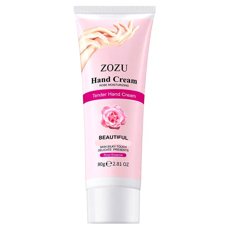 ZOZU hand cream tube with pink packaging and rose design on a white background