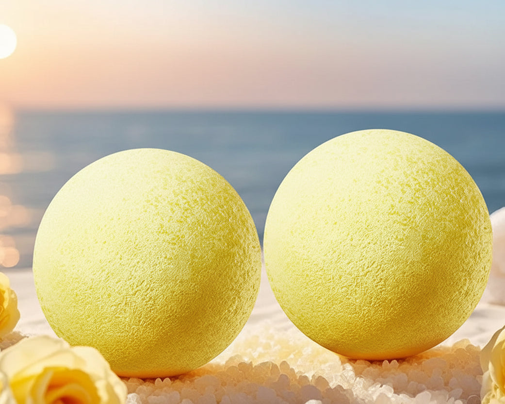 Two yellow bath bombs with ocean view and 'Gentle Cleaning' text