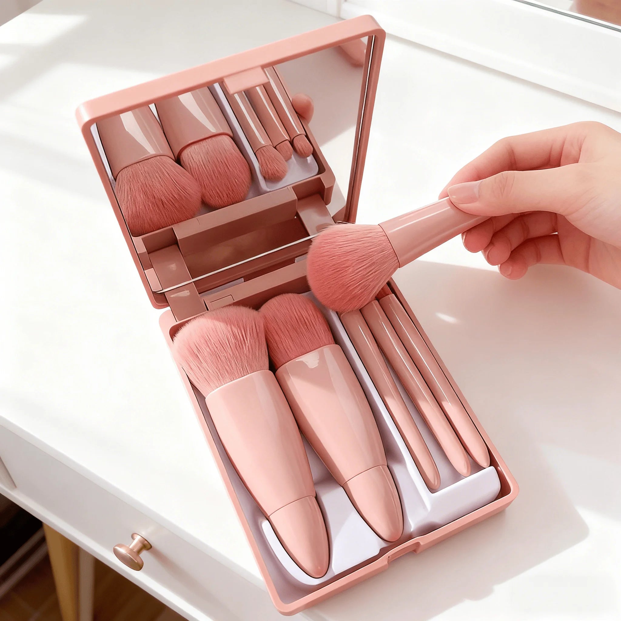 Compact Makeup Brush and Mirror Set