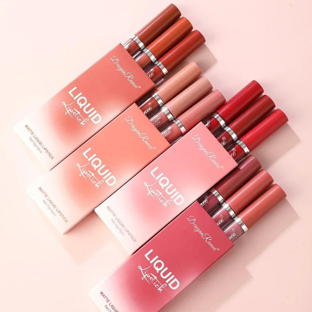 Set of DragonRanee liquid lipsticks on a light pink background