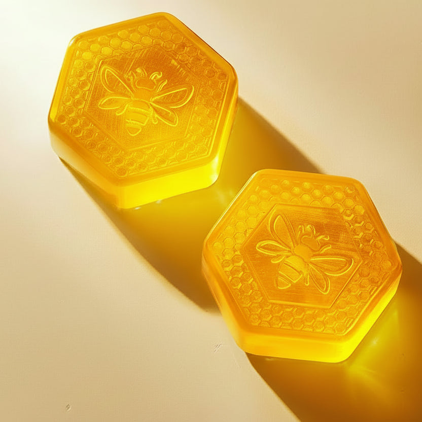 Two hexagonal yellow soap bars with bee design on a beige background, featuring icons for clear skin and moisturization.