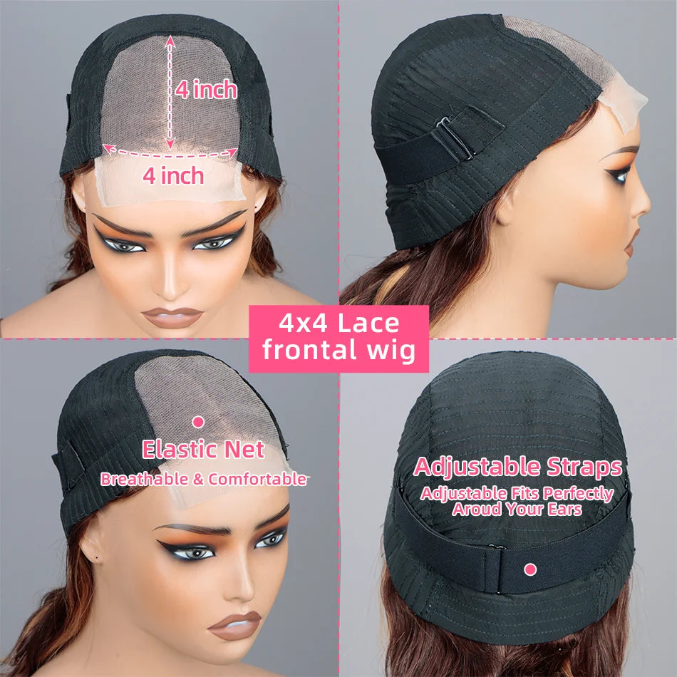 4×4 Short Bob 200 Density Highlight Body Wave HD Transparent Lace Brazilian Virgin Hair  Front Wig Human Hair Wigs glueless wigs