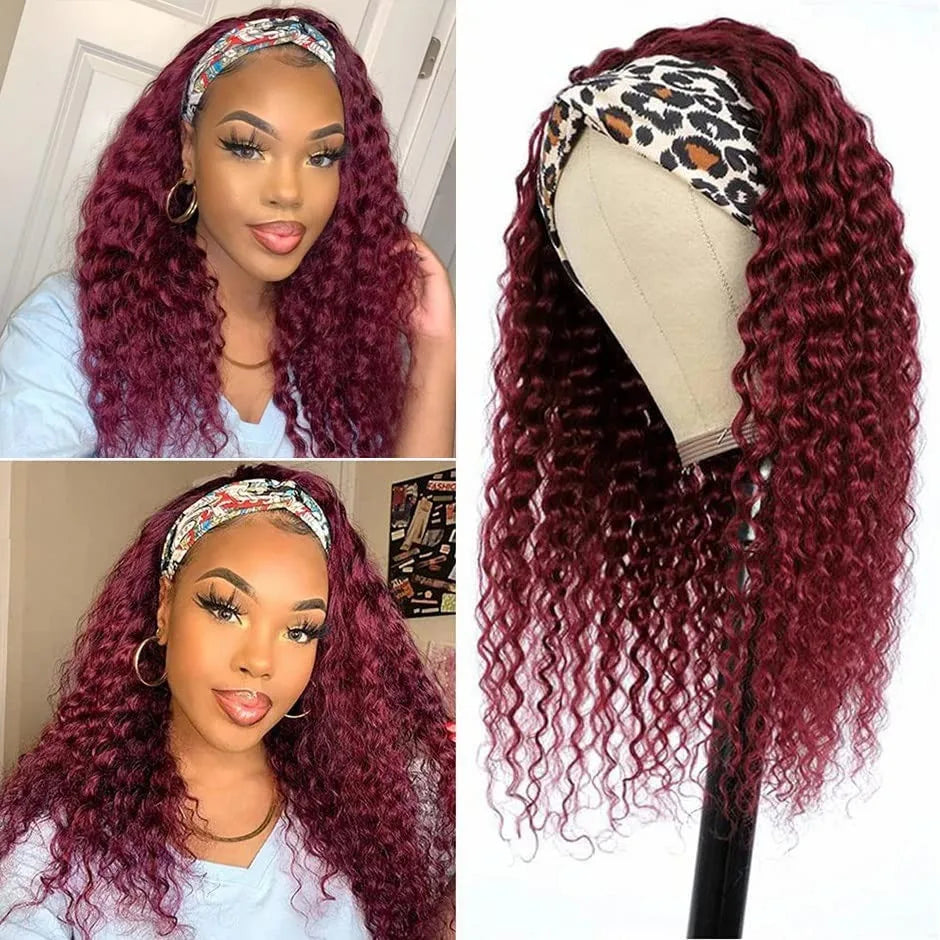 99J Burgundy Headband Wig Human Hair Deep Water Wave Headband Wigs Red Wine Curly Half Wigs Brazilian Human Hair Wigs for Women