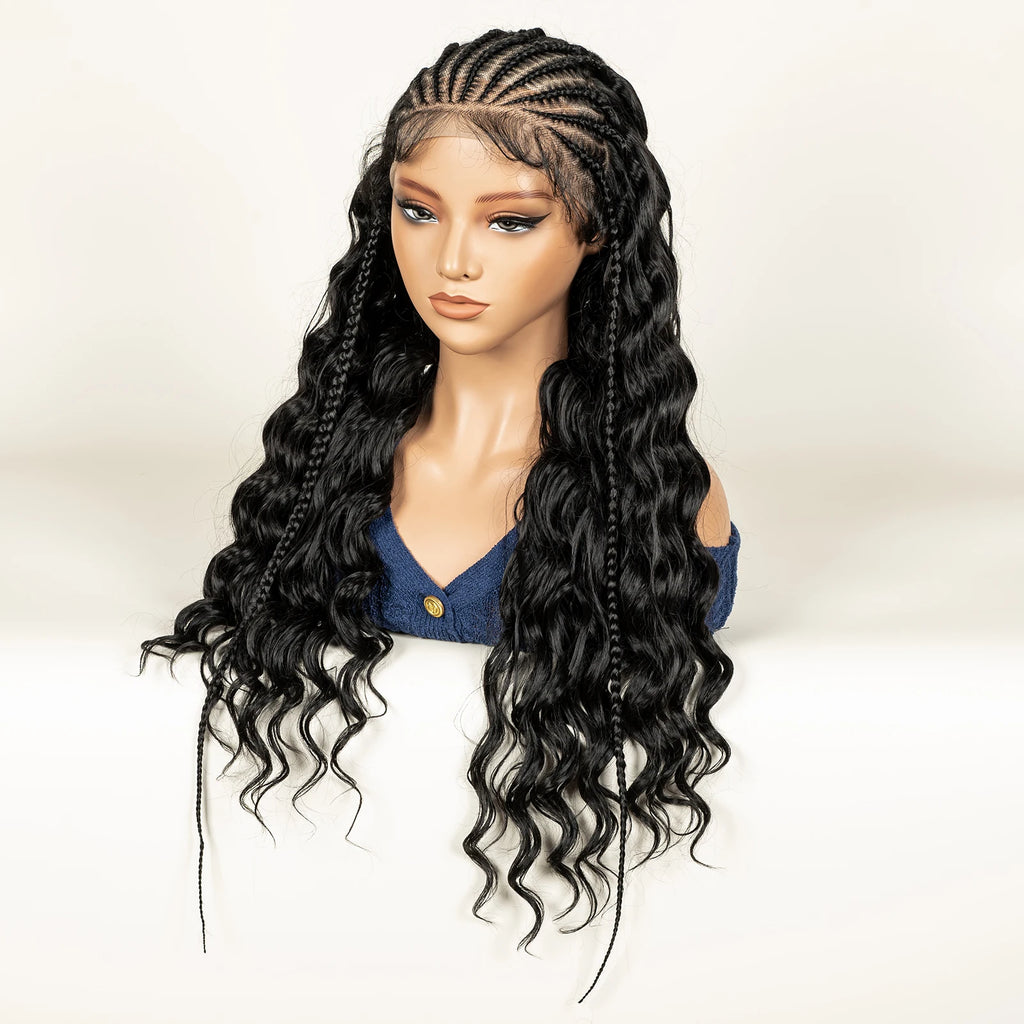 Fulani Braided Wig with Half Curly hair Synthetic 13x6 Transparent Lace Front Braided Wig Deep Wave Hair Wig for Women