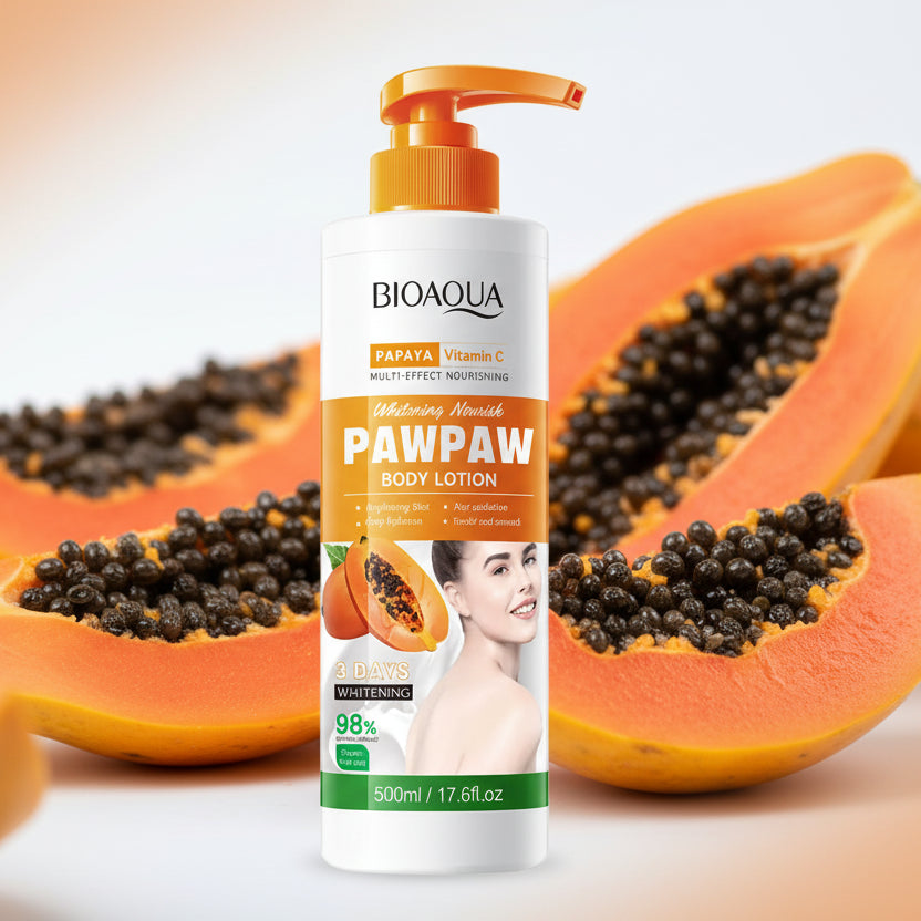 Bioaqua Pawpaw body lotion with pump on a white background