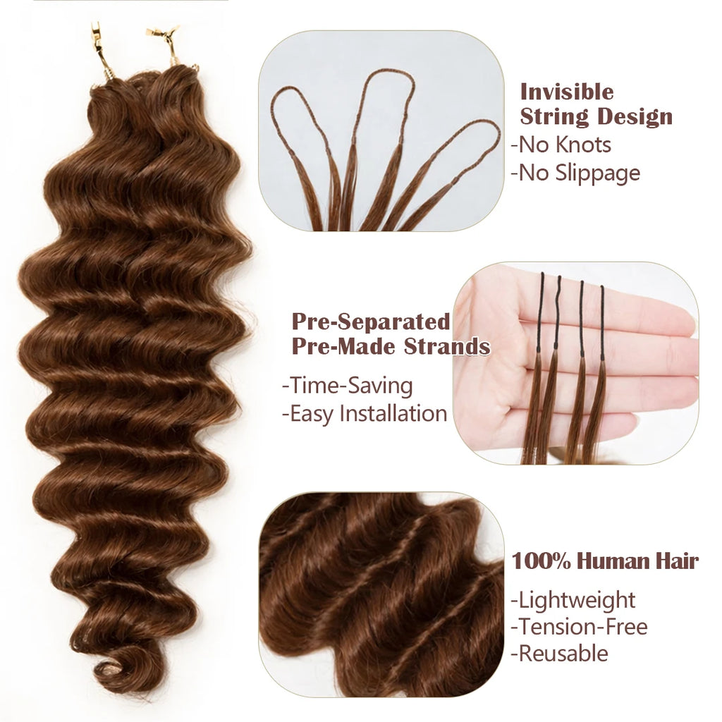 Deep Wave Crochet Human Hair Feather-Line Invisible Knotless Crochet Human Hair For Women #4 Chocolate Brown Braiding Hair 60G