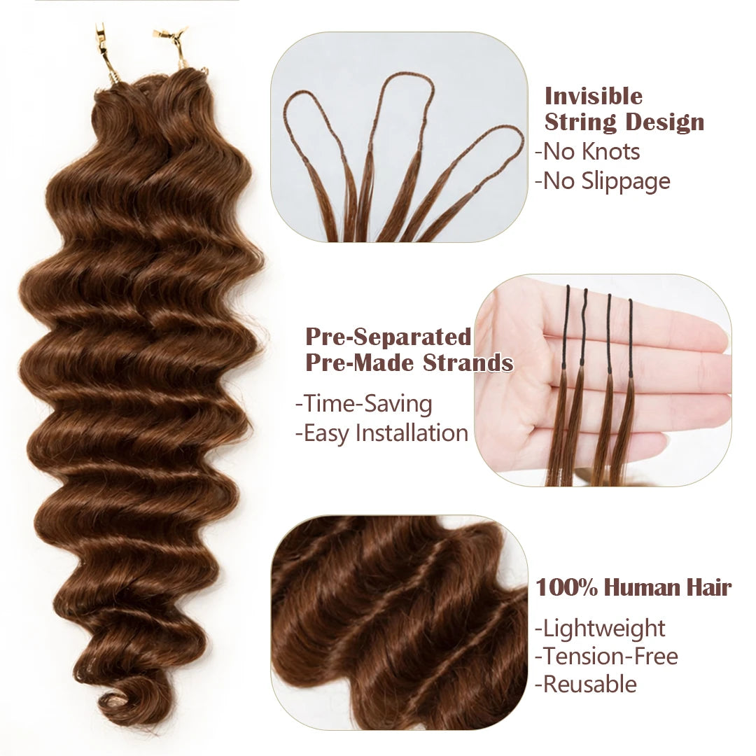 Deep Wave Crochet Human Hair Feather-Line Invisible Knotless Crochet Human Hair For Women #4 Chocolate Brown Braiding Hair 60G