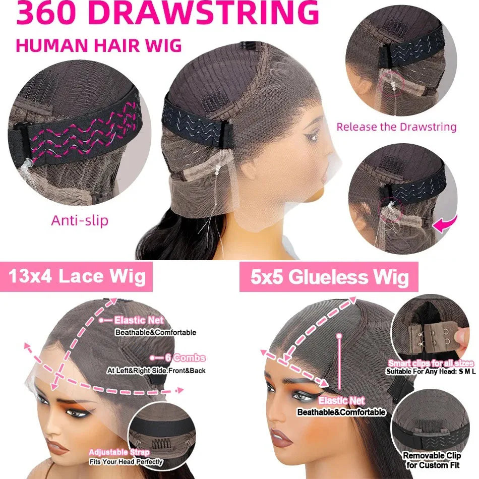 Hidden Strap 360 Lace Front Wig Human Hair Bone Straight 13x4 HD Brazilian Virgin Full Lace Wig for Women Pre-Plucked Baby Hair