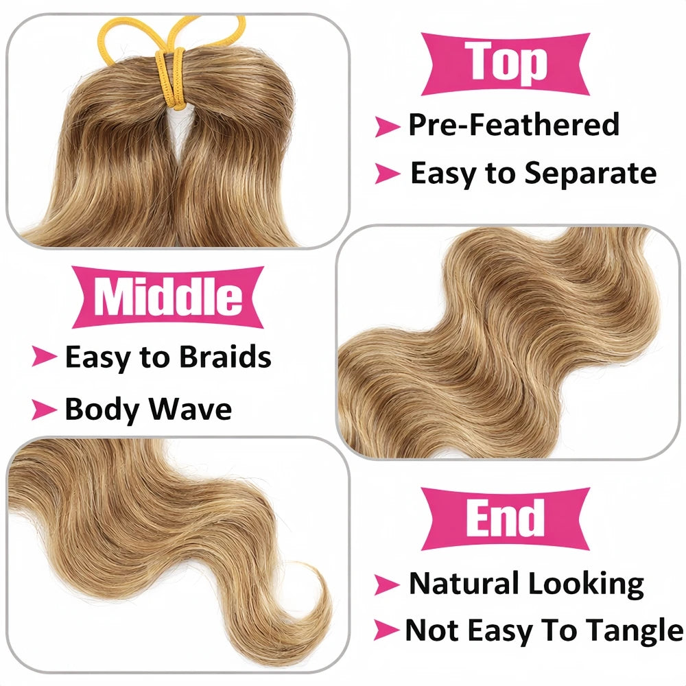 12A Body Wave Knotless Pre-Separated Crochet Hair Extensions Human Hair #27 Honey Blonde Crochet Hair With Invisible Micro Loop