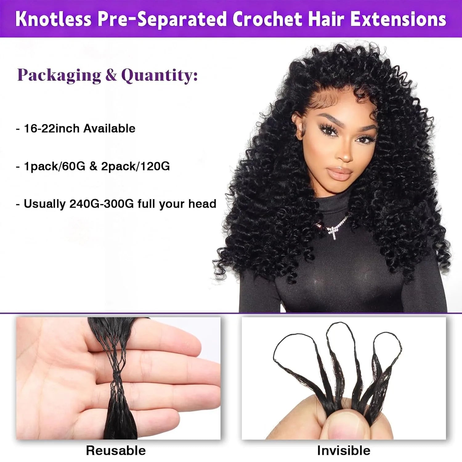 100% Human Hair Knotless Pre-Separated Burmese Curly Feather Crochet Hair Extensions Spirally Curly Hair Lightweight Reusable