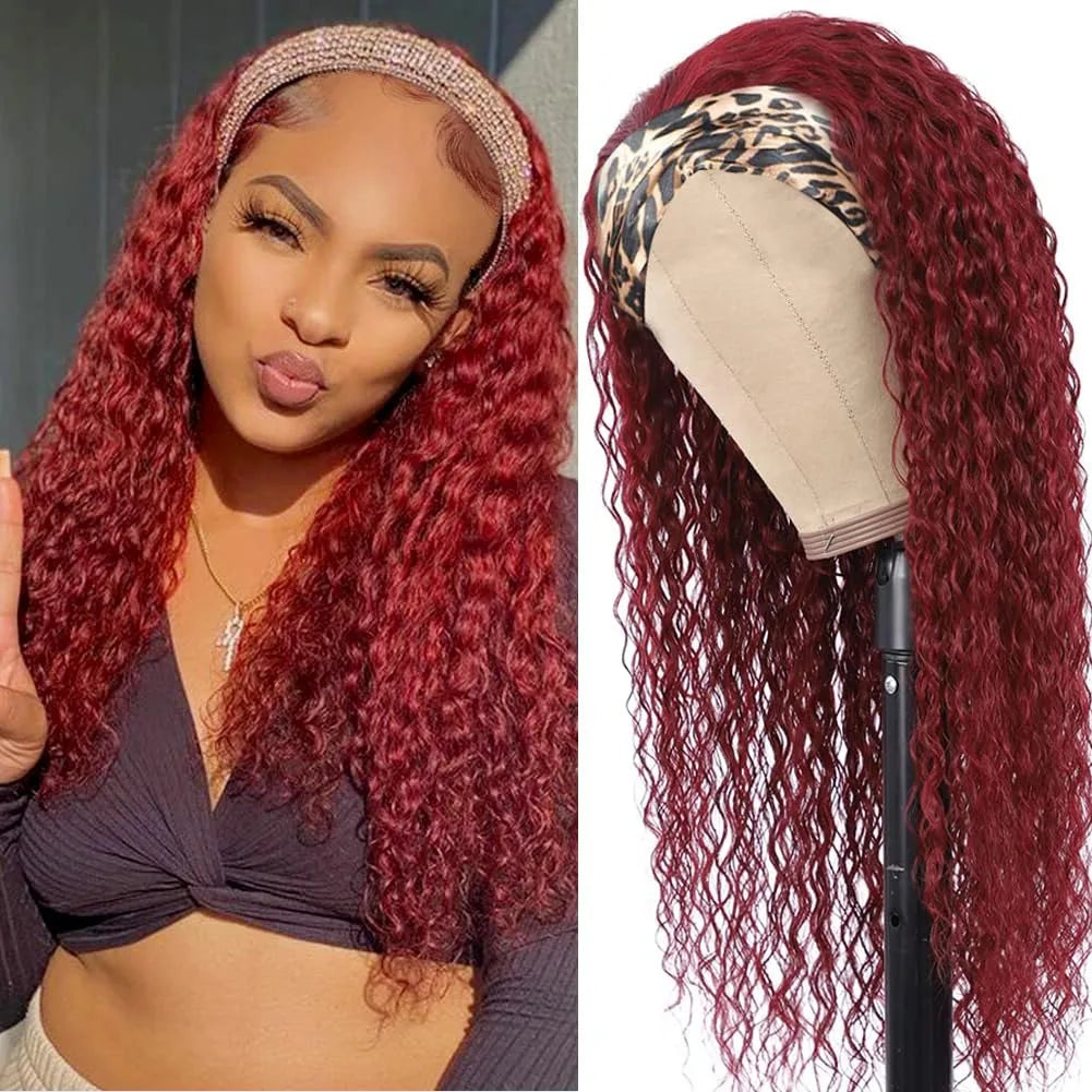 99J Burgundy Headband Wig Human Hair Deep Water Wave Headband Wigs Red Wine Curly Half Wigs Brazilian Human Hair Wigs for Women