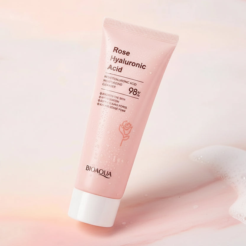 Bioaqua Rose Hyaluronic Acid cleanser with product details on a pink background