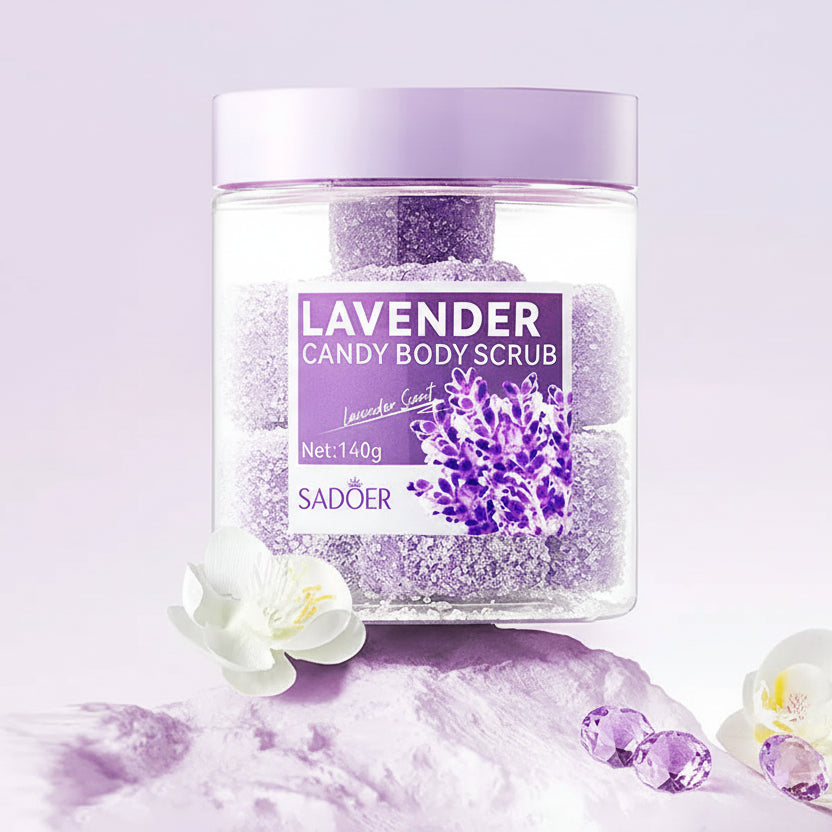 Lavender candy body scrub with packaging and product on a light purple background