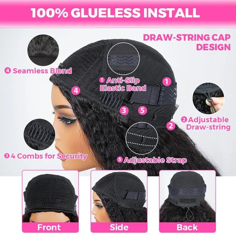 250% Density Kinky Straight Drawstring Half Wig Human Hair No Lace Wig Invisible Hairline 3 IN 1 Flip Over Clip In 3/4 Wig