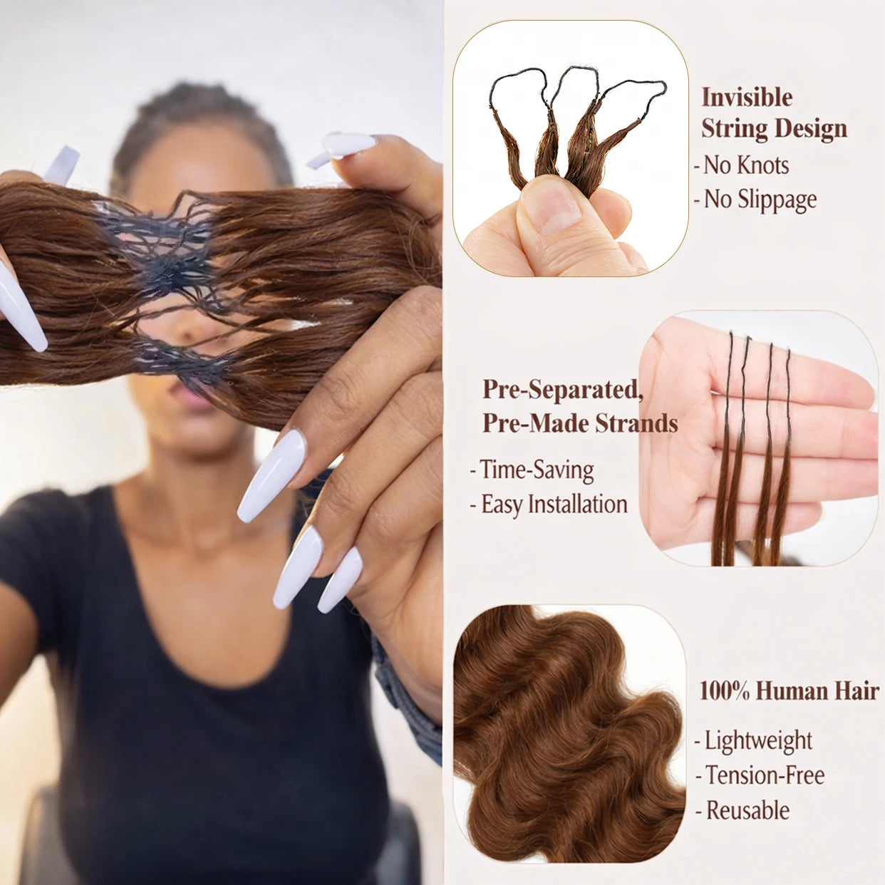 4# Drak Brown Body Wave Crochet Human Hair Pre-Separated Invisble Miracle Knot Braids Feather Crochet Hair Extensions Seamless