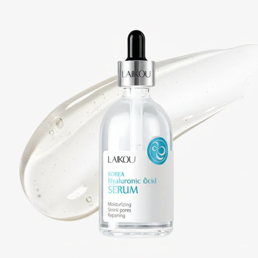 LAIKOU Korea Hyaluronic Acid Serum bottle and packaging with dimensions on a white background