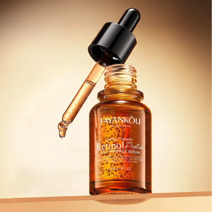 Fayankou retinol peptide serum bottle with dropper on a beige background