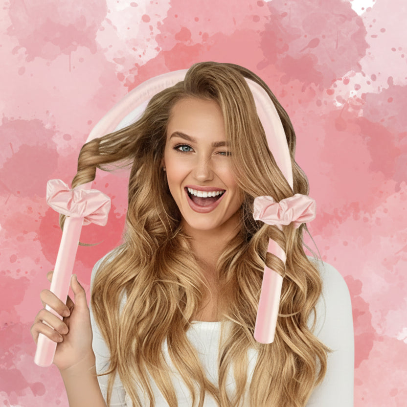 Pink hair curling rods with bows and a hanger, and a woman wearing them.