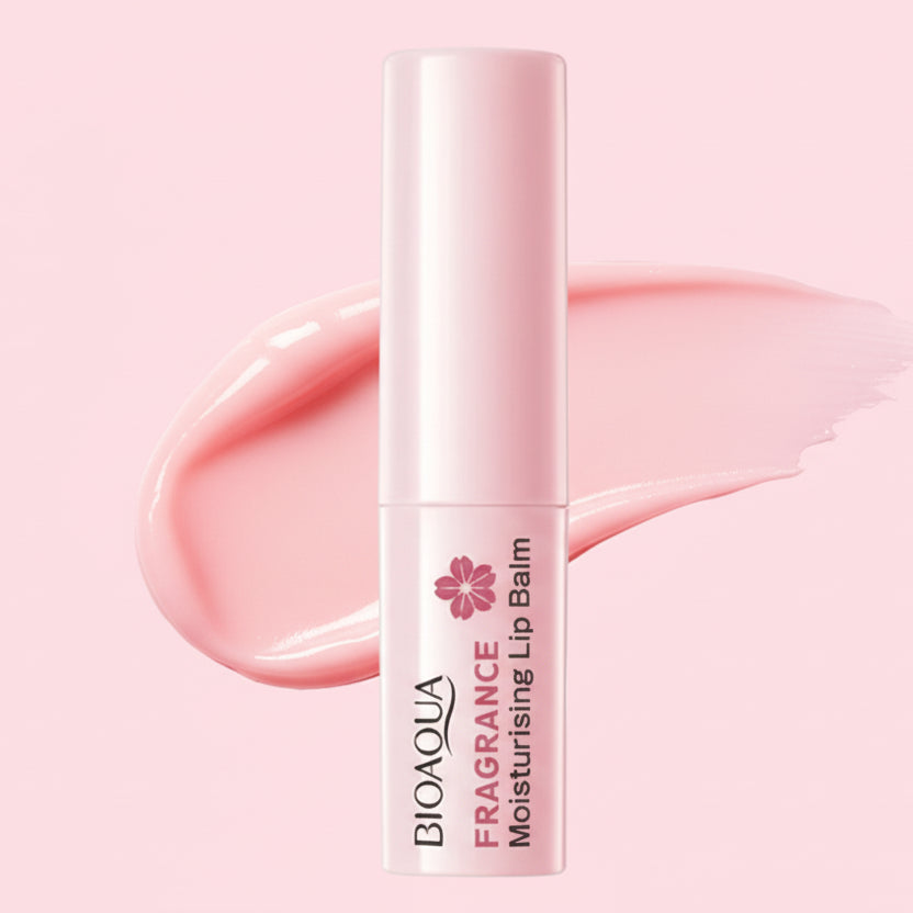 Bioaqua moisturizing lip balm packaging with cherry blossom design on a white background
