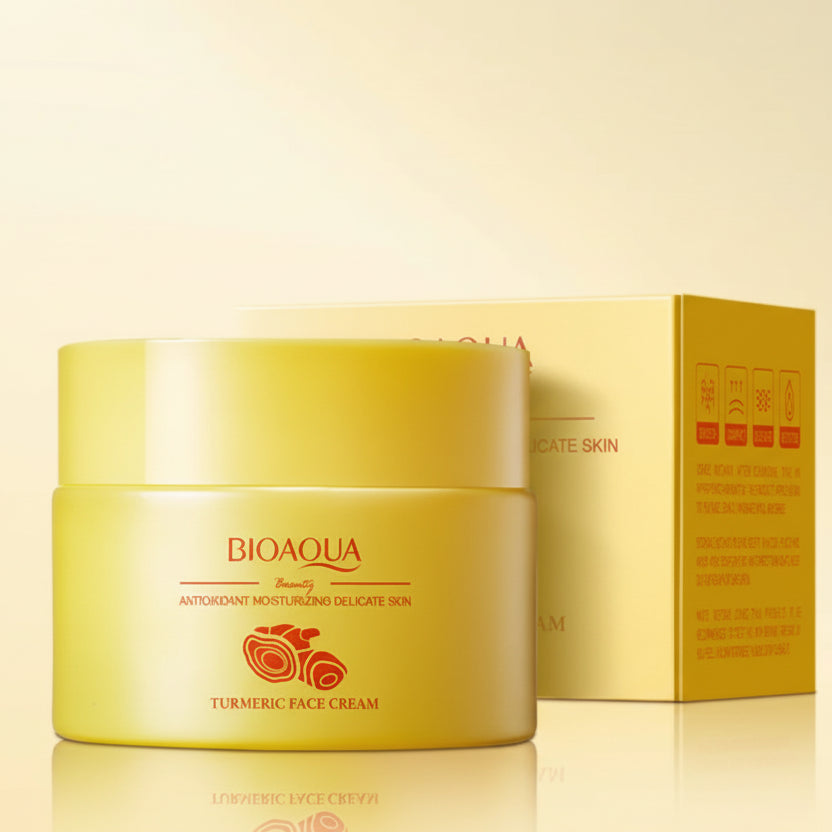 Bioaqua Turmeric Face Cream jar and box on a beige background