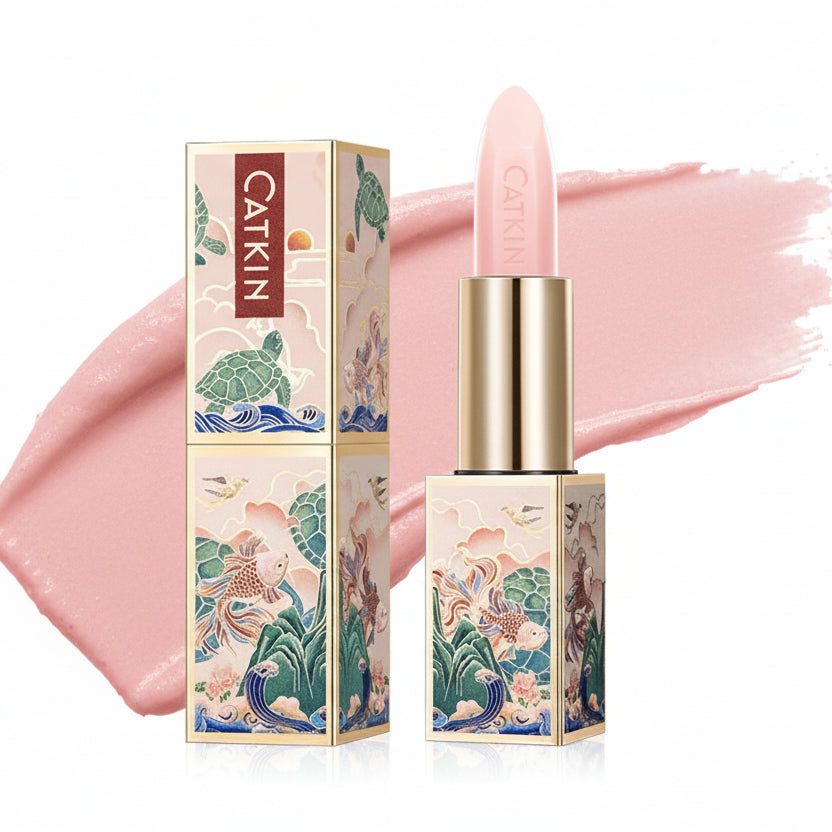 Catkin lipstick with decorative packaging on a white background