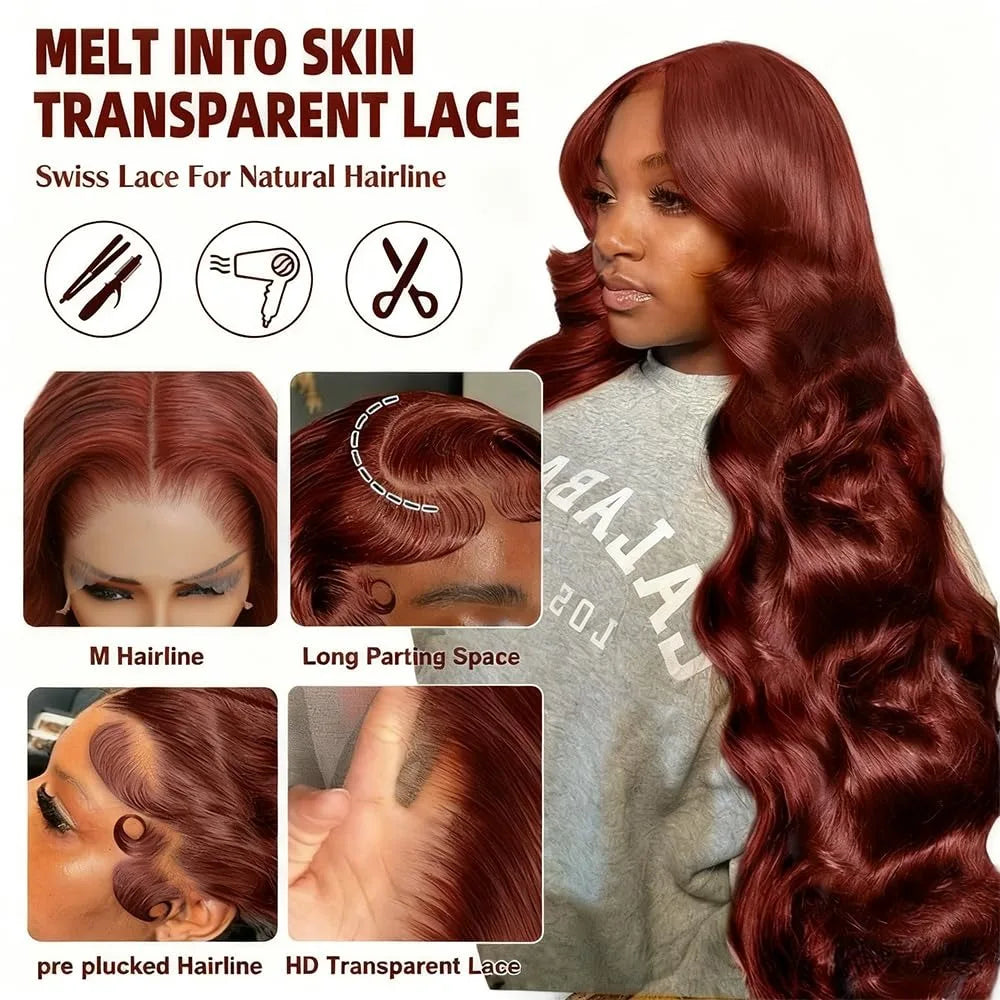 Reddish Brown 13x4 Lace Front Wigs Human Hair Body Wave Wig HD Transparent Lace Frontal Wigs Ginger #33 Red Brown Human Hair Wig