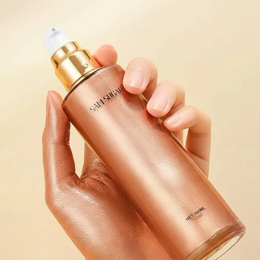 Shimmer oil bottle held by a hand with text about product benefits on a beige background
