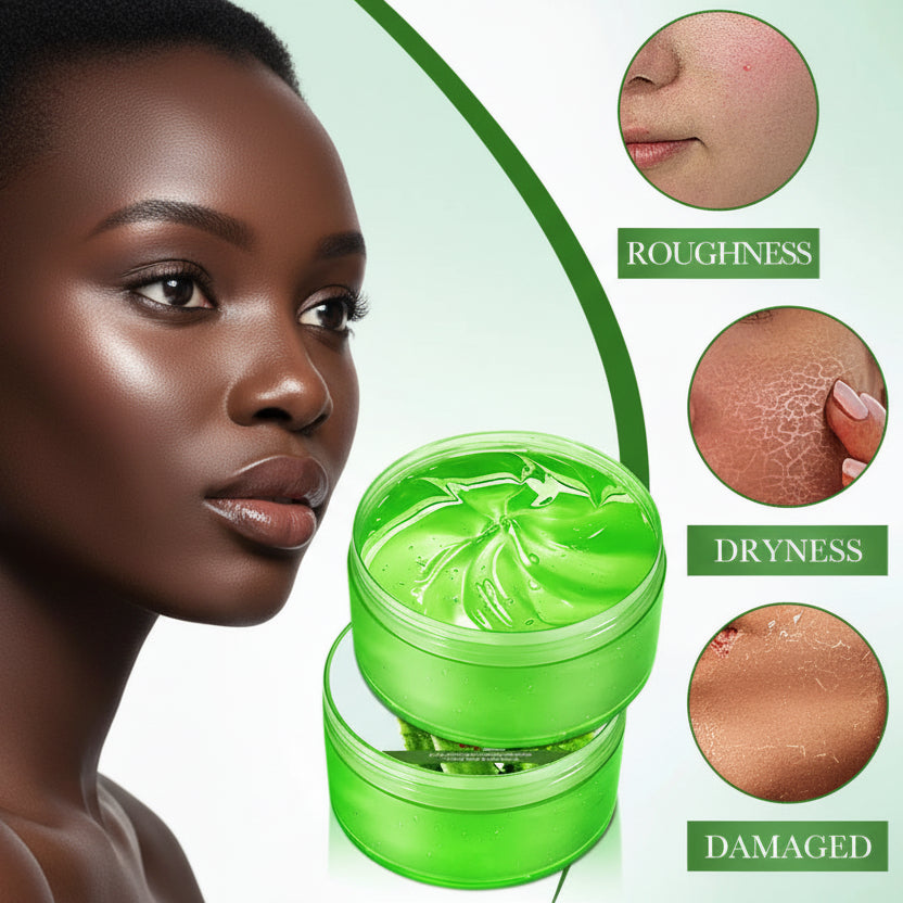 Green jar of cream with a woman's face and skin conditions on a green background