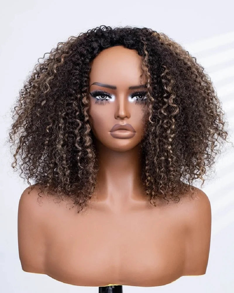 250% Density 3 In 1 Half Wigs Human Hair 1B/27 Highlight Streak Afro Kinky Curly Balayage 3/4 Half Wig Drawstring Seamless Flip