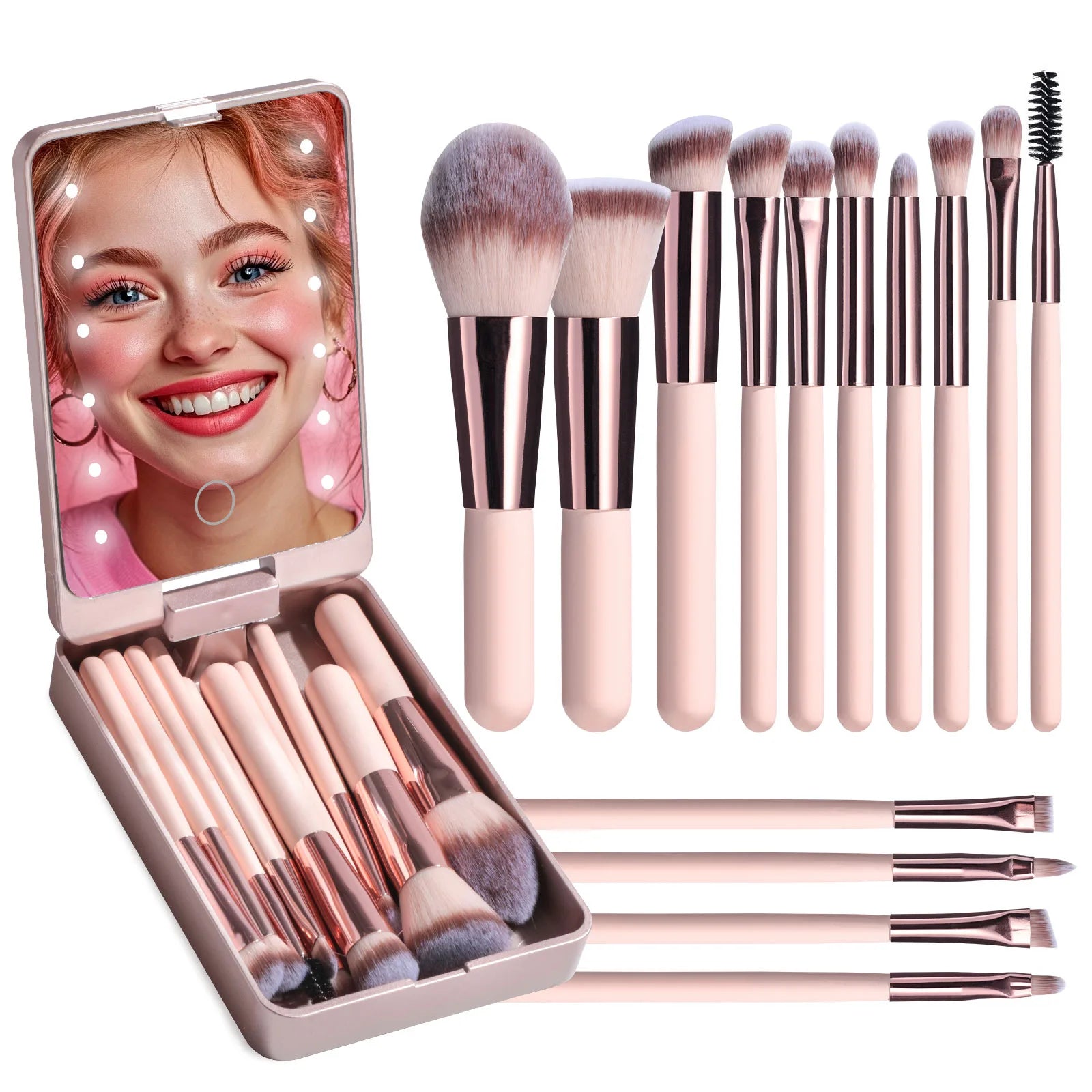 14-Piece Makeup Brush Set with Illuminated Mirror