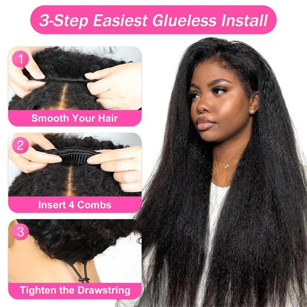 250% Density Kinky Straight Drawstring Half Wig Human Hair No Lace Wig Invisible Hairline 3 IN 1 Flip Over Clip In 3/4 Wig