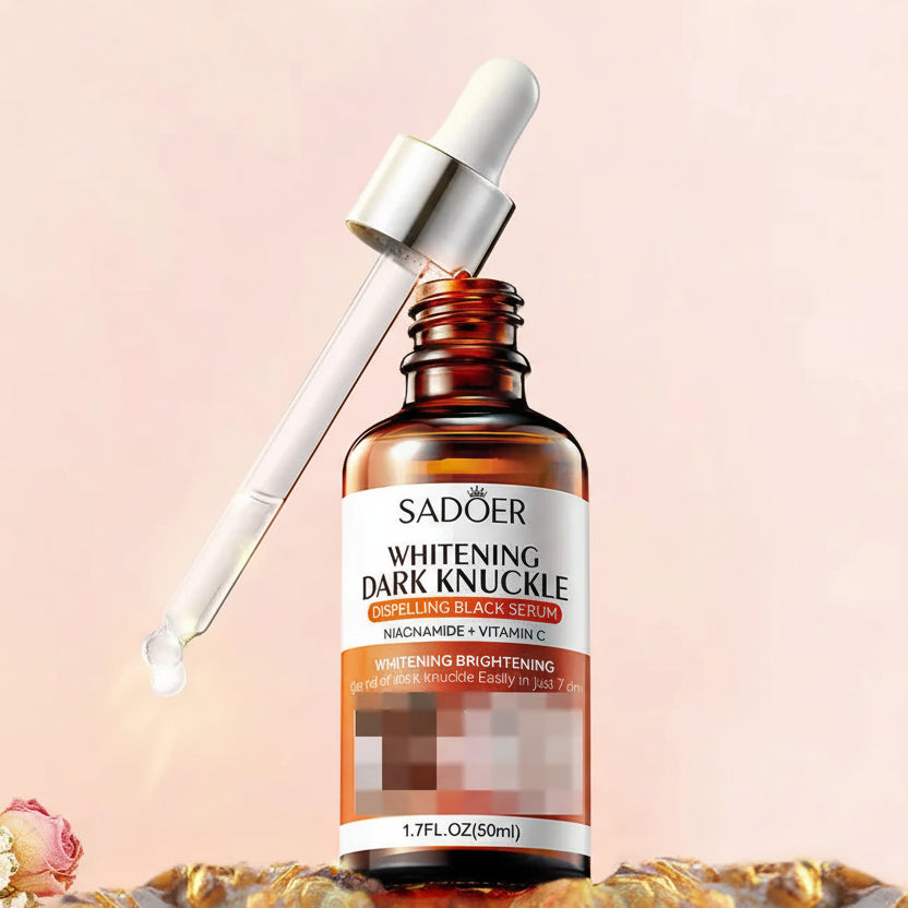 Sadoer Whitening Dark Knuckle serum bottle with dropper on a light pink background