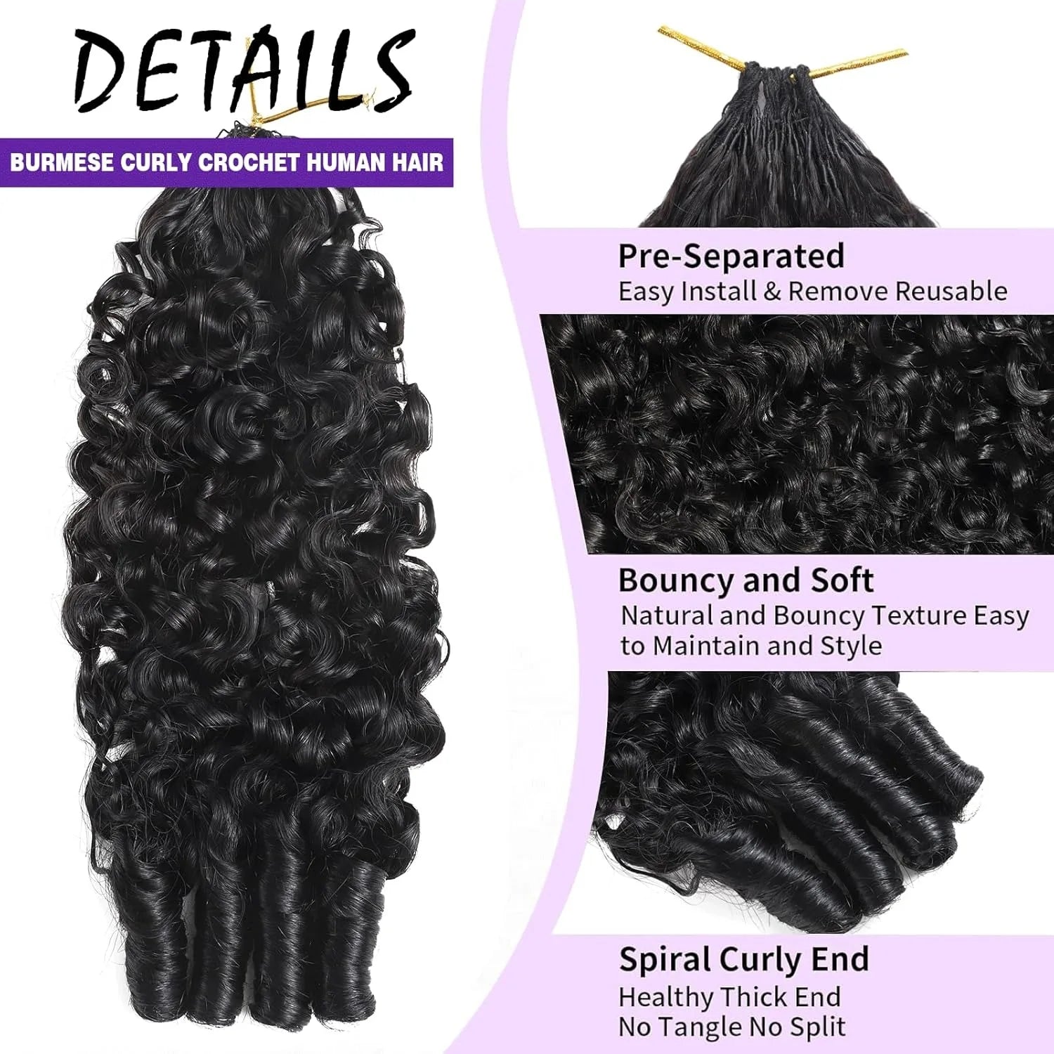 100% Human Hair Knotless Pre-Separated Burmese Curly Feather Crochet Hair Extensions Spirally Curly Hair Lightweight Reusable