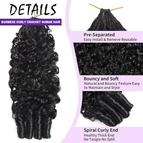 100% Human Hair Knotless Pre-Separated Burmese Curly Feather Crochet Hair Extensions Spirally Curly Hair Lightweight Reusable