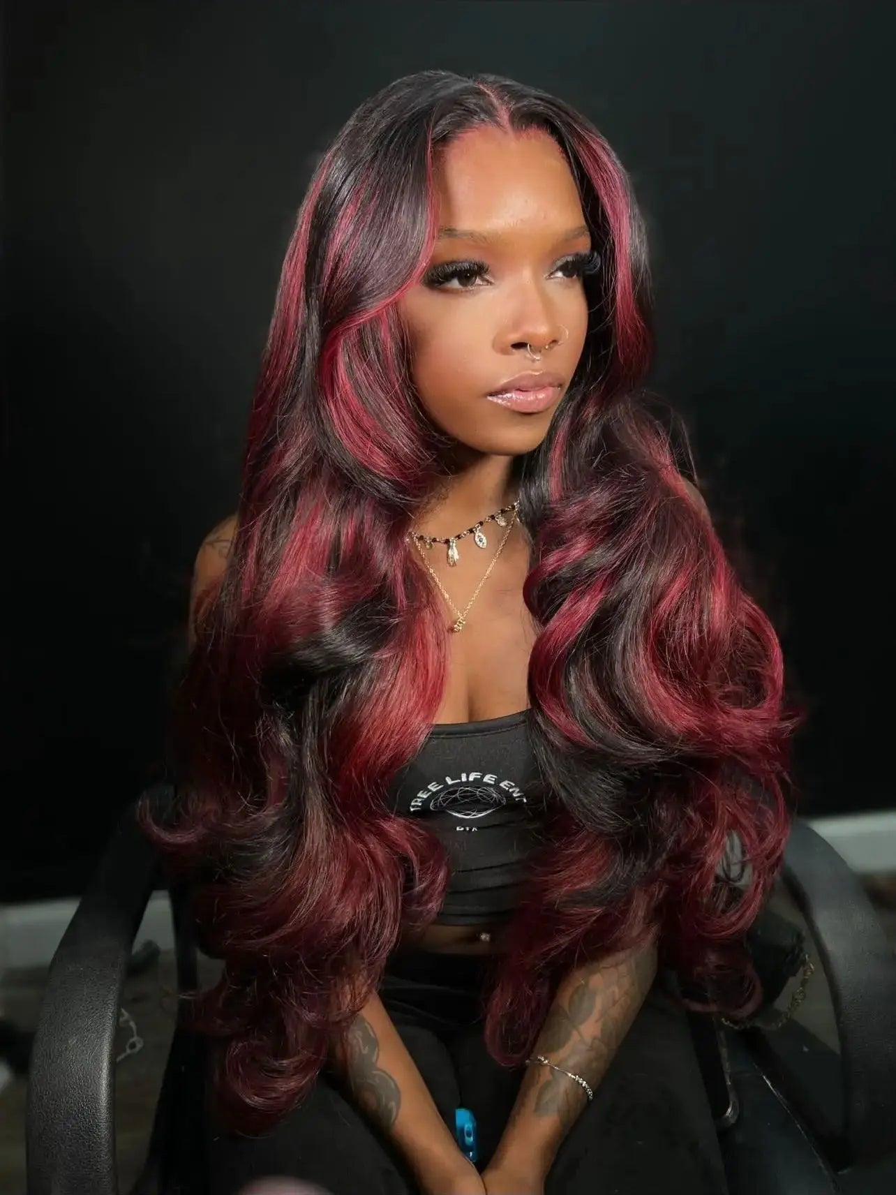 1B/99J Highlight Body Wave 5x5 Glueless Wig Human Hair Brazilian PrePlucked Ombre Red With Black Colored Lace Front Closure Wig