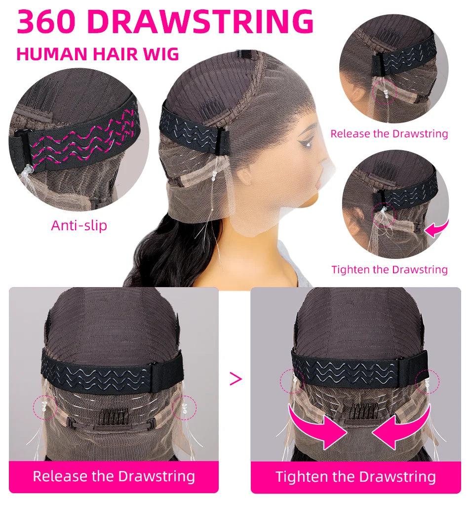 Hidden Strap Straight 360 Lace Front Wigs Human Hair Pre Plucked 12A Glueless Brazilian Virgin Wig With Drawstring HD Full Lace