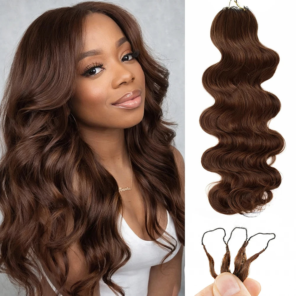 Body Wave Crochet Human Hair Pre-Separated Invisble Micro Loop Feather Crochet Hair Extensions Seamless Knotless 4# Medium Brown