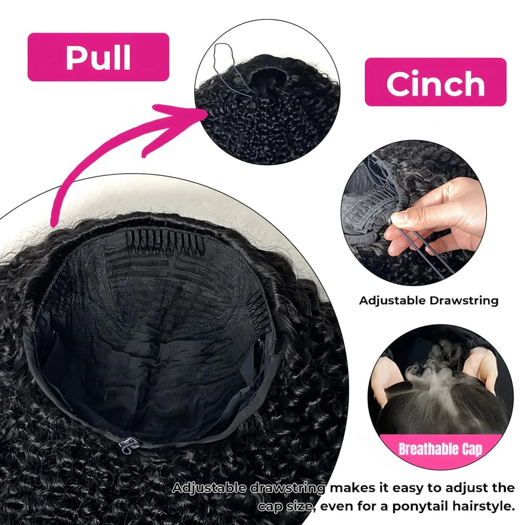 250% Density 3 In 1 Half Wigs Human Hair 1B/27 Highlight Streak Afro Kinky Curly Balayage 3/4 Half Wig Drawstring Seamless Flip