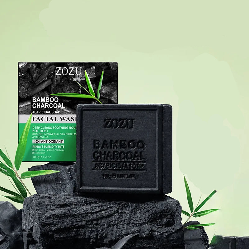 ZOZU Bamboo Charcoal soap with packaging and before/after effect on skin.