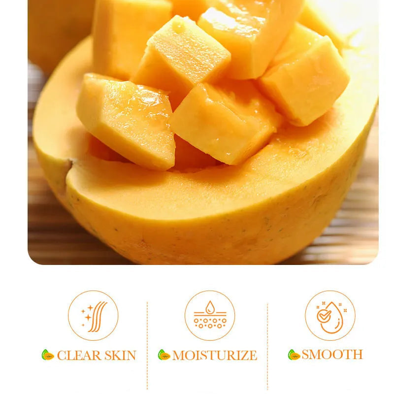 Sliced mango on a wooden cutting board with text about skin benefits.