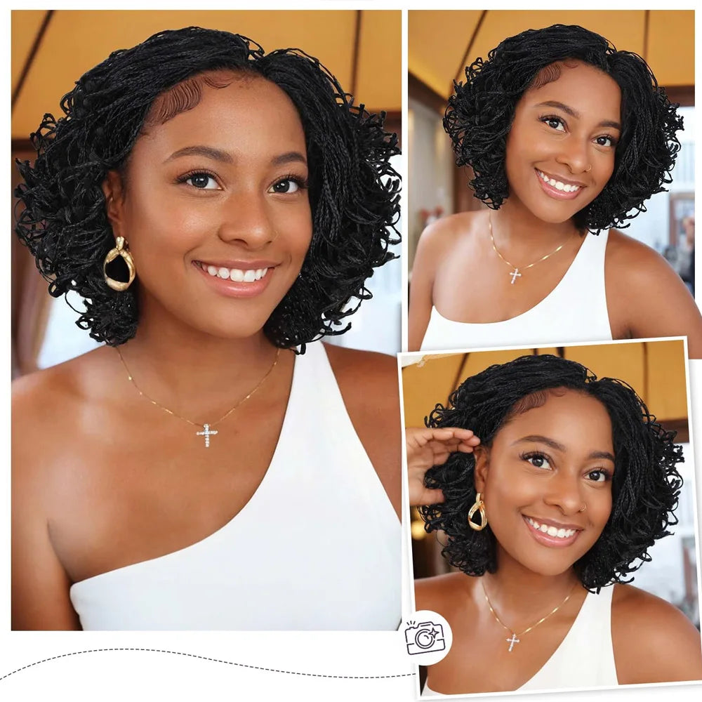 Short Curly Braids Bob Wig For Black Women Double Full Lace Front Curly Micro Box Braided Bob Wig with Baby Hair Pre Plucked