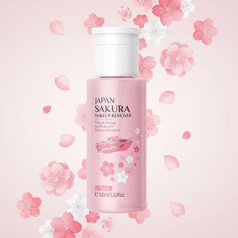 Pink bottle of LAIKOU Japan Sakura Makeup Remover on a white background