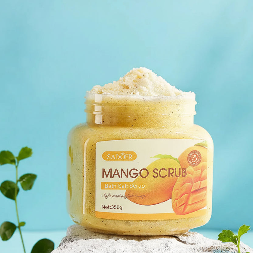 Jar of mango bath salt scrub with a blue background