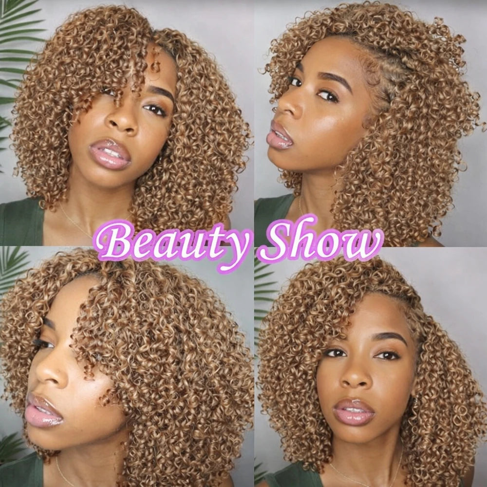Honey Brown Small Spirals Curly Human Hair Crochet Hair Extensions Deep Pixie Curls Feather Boho Braids Invisible Miracle Knot